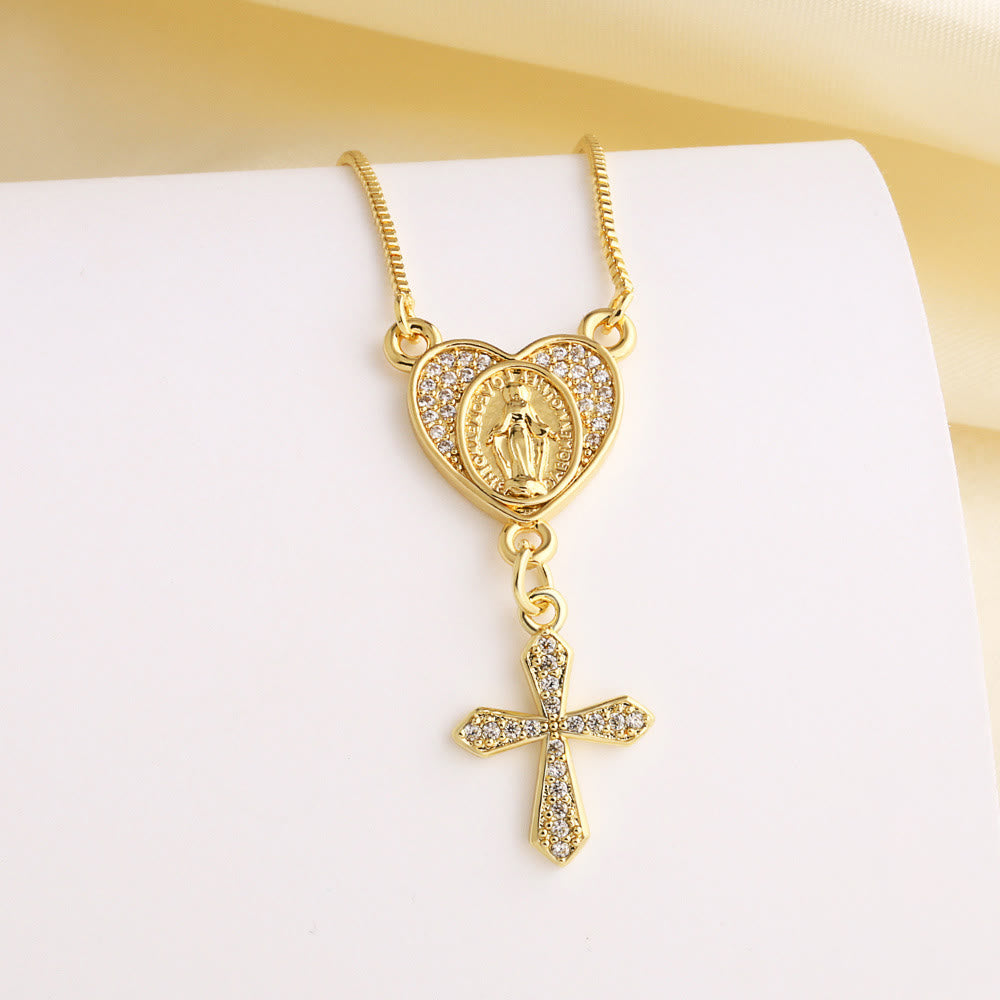 Zircon-Encrusted Our Lady & St. Benedict Cross Heart Necklace