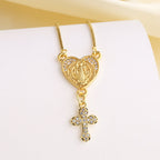 Zircon-Encrusted Our Lady & St. Benedict Cross Heart Necklace