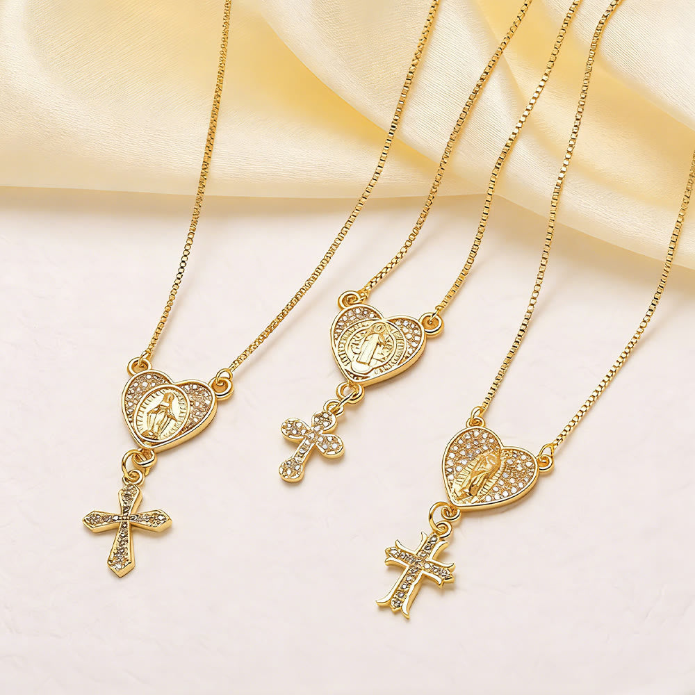Zircon-Encrusted Our Lady & St. Benedict Cross Heart Necklace