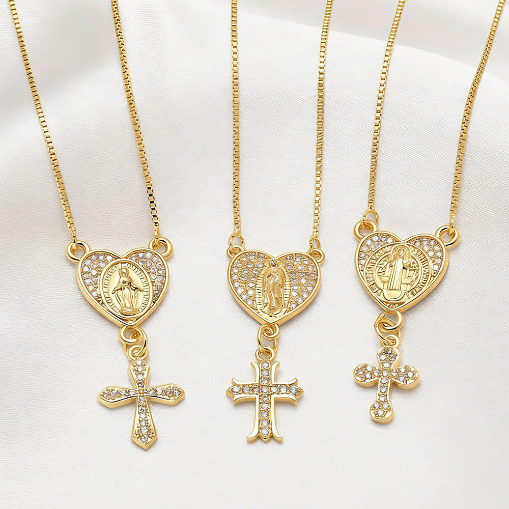Zircon-Encrusted Our Lady & St. Benedict Cross Heart Necklace