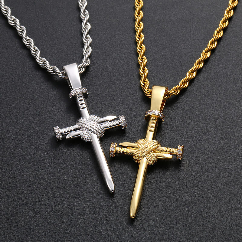 Zircon-Accented Nail Shaped Cross Pendant