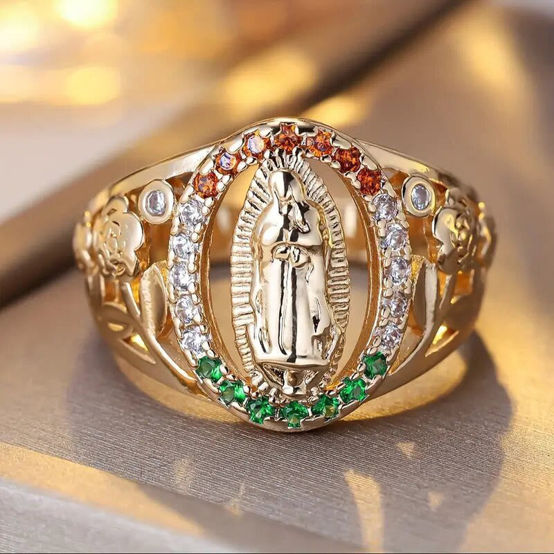 Zircon-Encrusted Our Lady Ring with Floral Design