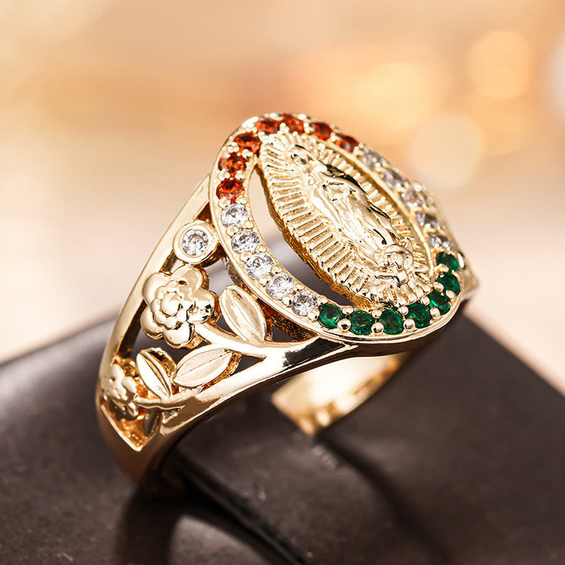 Zircon-Encrusted Our Lady Ring with Floral Design