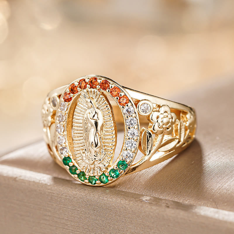 Zircon-Encrusted Our Lady Ring with Floral Design