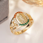 Zircon-Encrusted Our Lady Ring with Floral Design