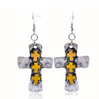 Textured Three-Cross Earrings with Stone Inlays