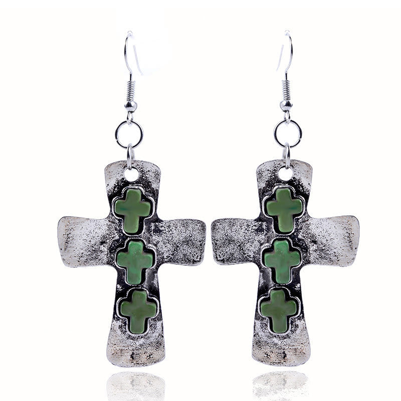 Textured Three-Cross Earrings with Stone Inlays