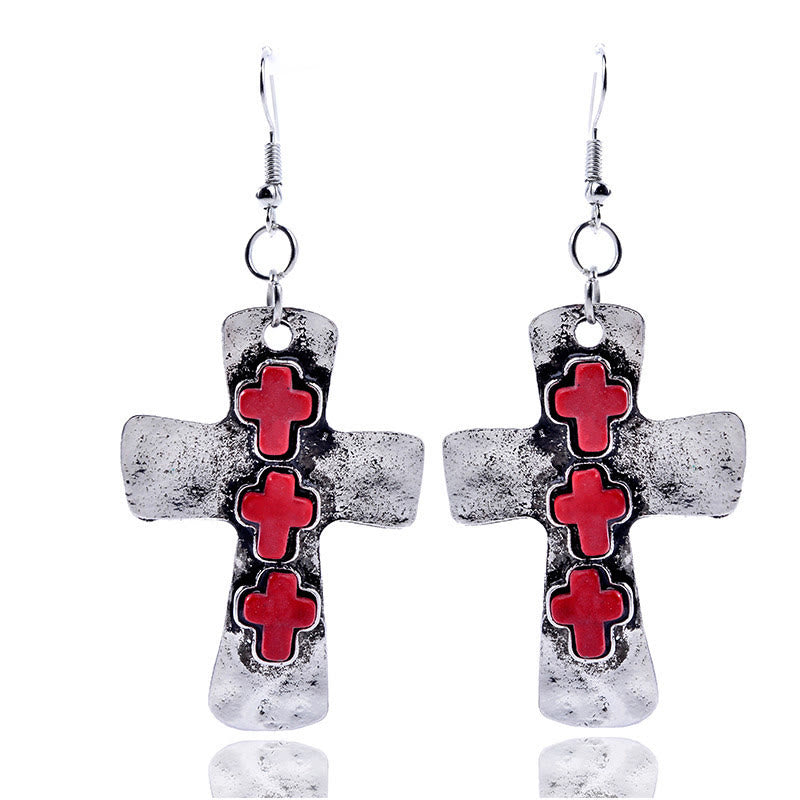 Textured Three-Cross Earrings with Stone Inlays