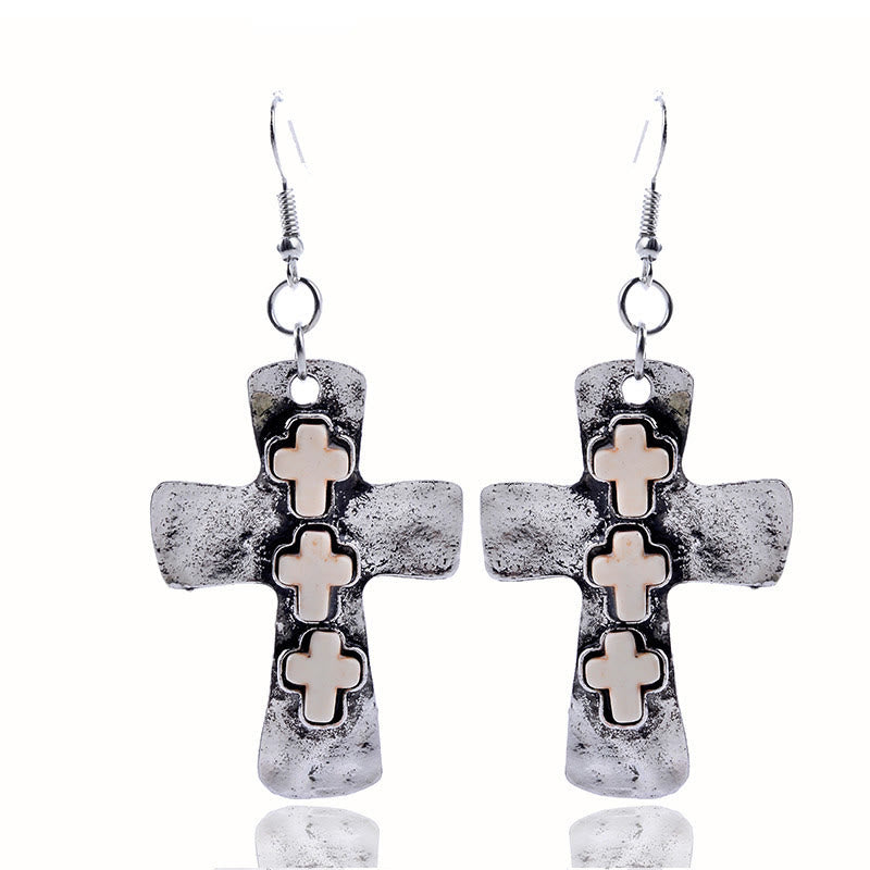Textured Three-Cross Earrings with Stone Inlays