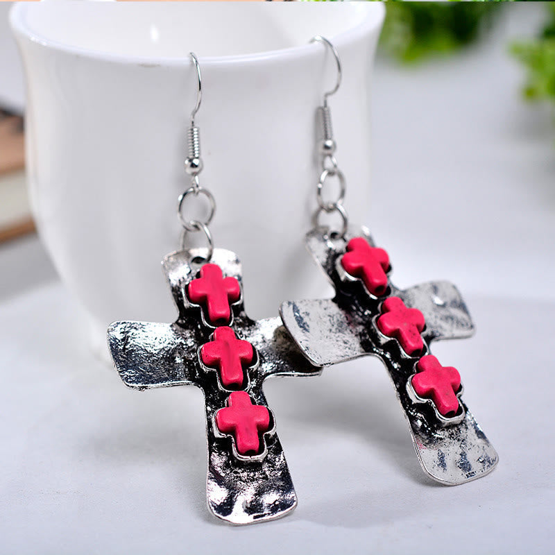 Textured Three-Cross Earrings with Stone Inlays
