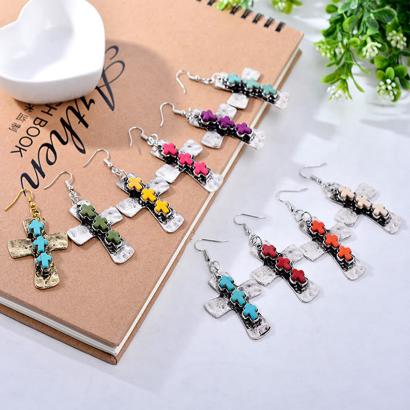 Textured Three-Cross Earrings with Stone Inlays