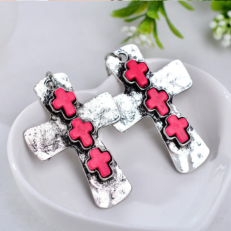 Textured Three-Cross Earrings with Stone Inlays