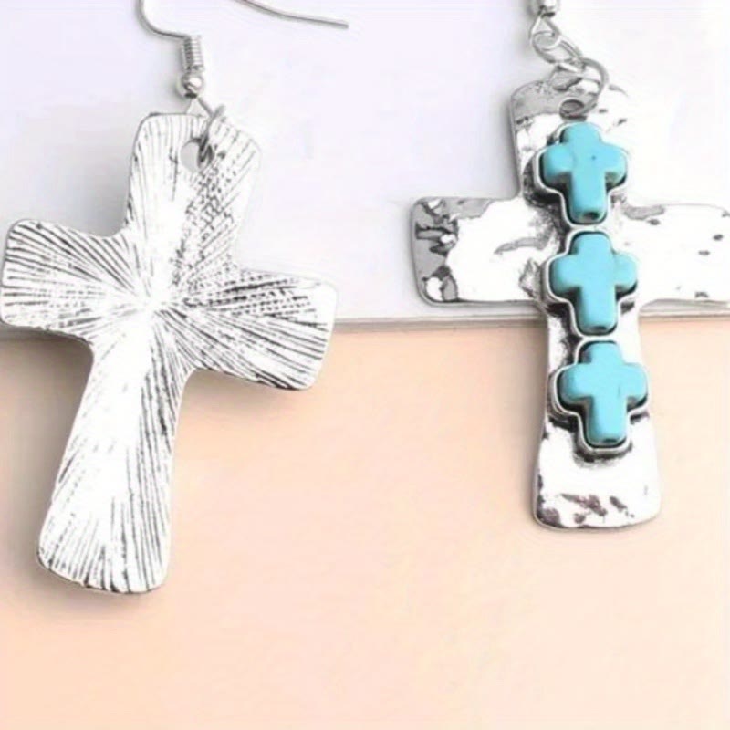 Textured Three-Cross Earrings with Stone Inlays