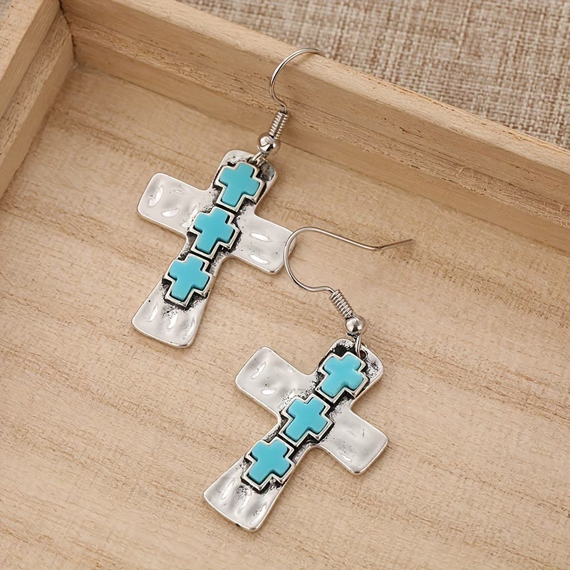 Textured Three-Cross Earrings with Stone Inlays