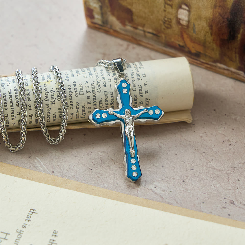 Blue/Silver Detailed Sculpted Crucifix Necklace