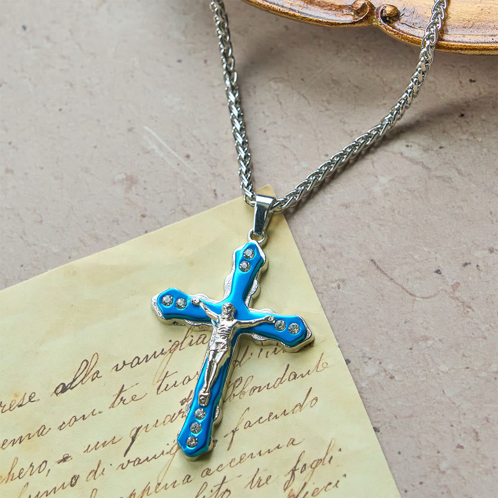 Blue/Silver Detailed Sculpted Crucifix Necklace