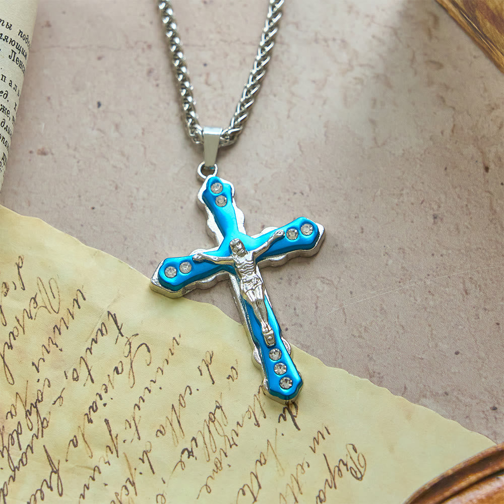 Blue/Silver Detailed Sculpted Crucifix Necklace