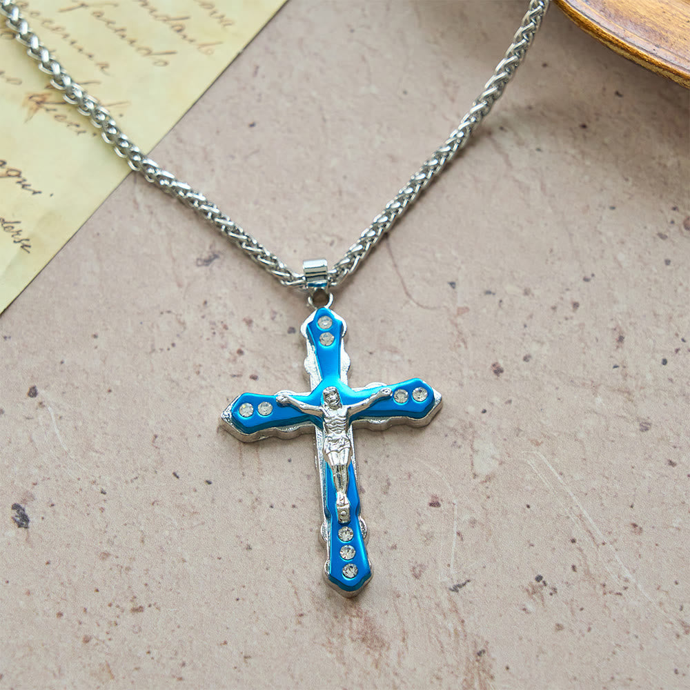Blue/Silver Detailed Sculpted Crucifix Necklace