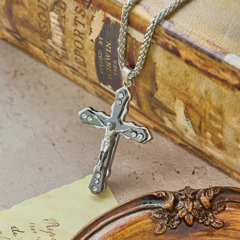 Blue/Silver Detailed Sculpted Crucifix Necklace
