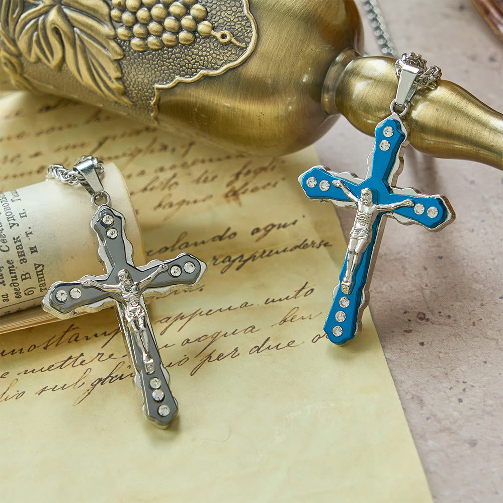 Blue/Silver Detailed Sculpted Crucifix Necklace