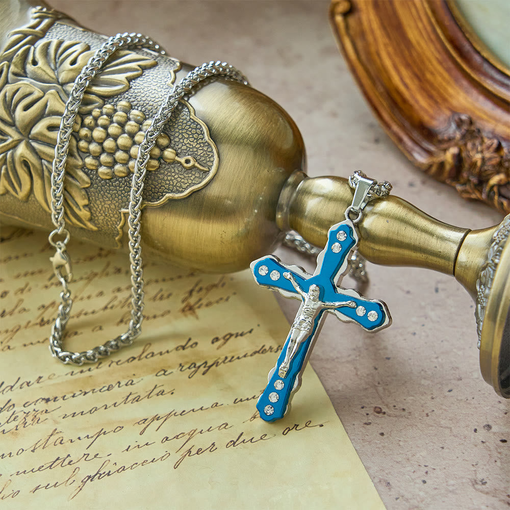 Blue/Silver Detailed Sculpted Crucifix Necklace