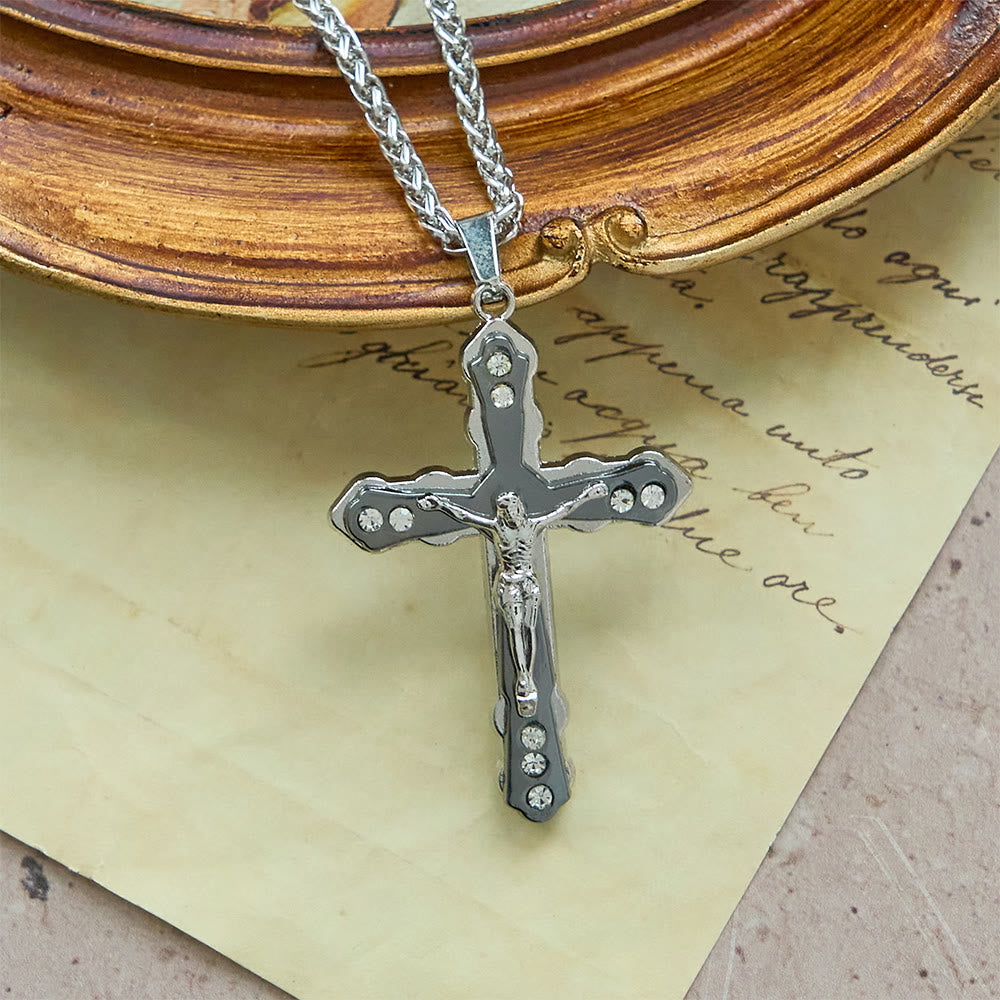 Blue/Silver Detailed Sculpted Crucifix Necklace