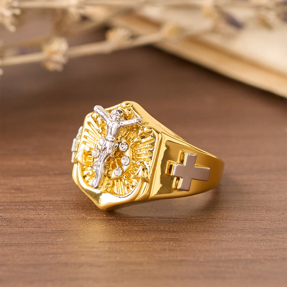 Two-Tone Crucifix Statement Ring
