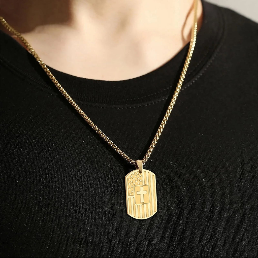 American Flag & Cross Double-Sided Scripture Necklace