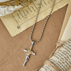 Silver-Toned Cross Pendant Necklace with Golden Floral & Leaf