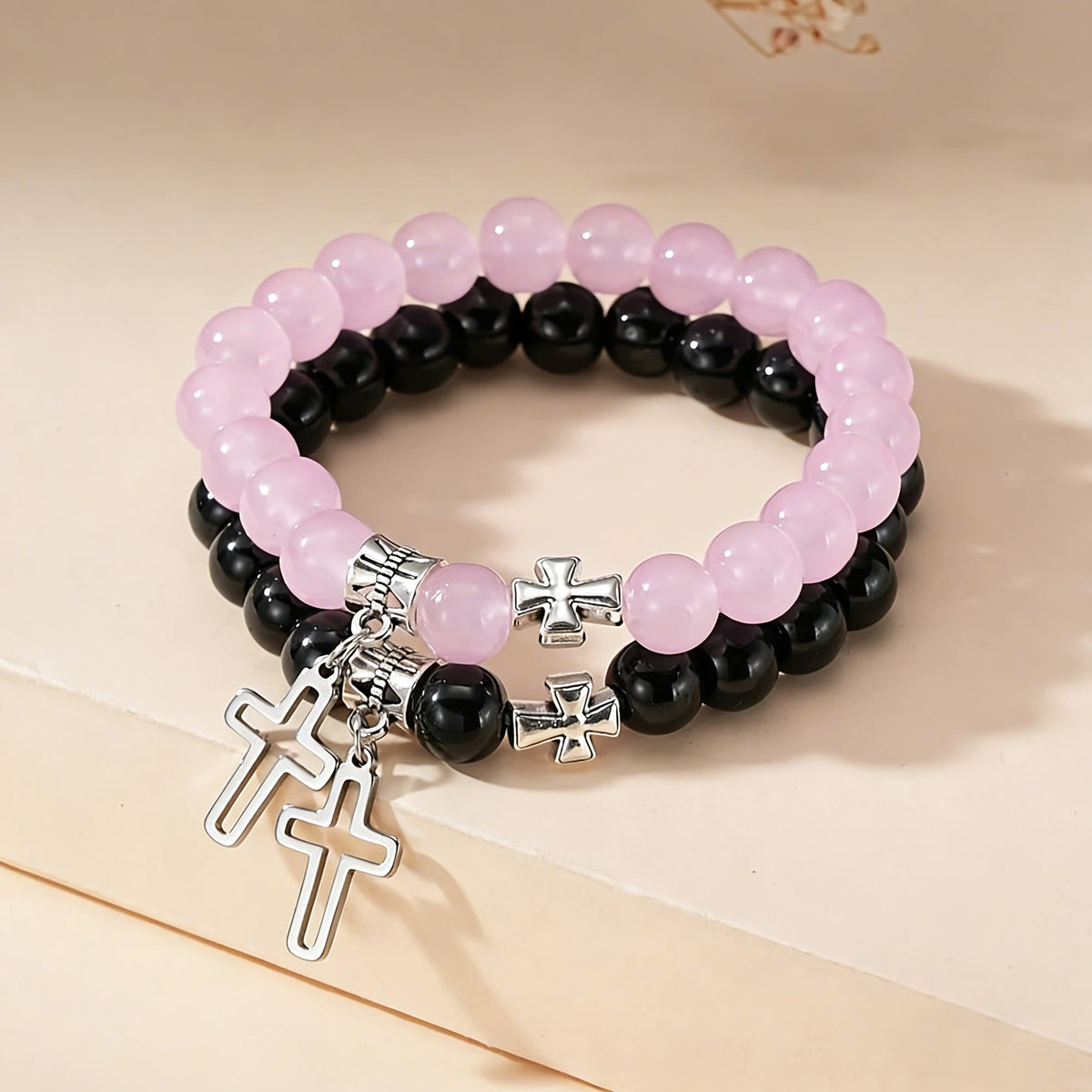 Dual-Tone Cross Charm Bead Bracelet Set