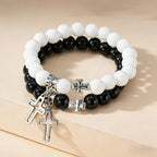 Dual-Tone Cross Charm Bead Bracelet Set