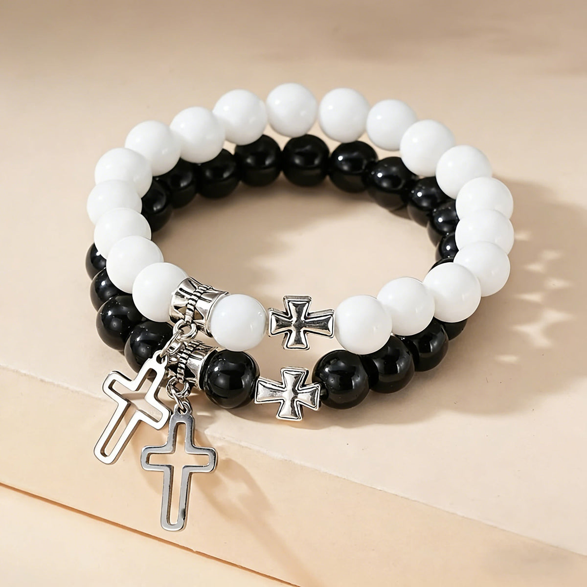 Dual-Tone Cross Charm Bead Bracelet Set