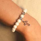 Dual-Tone Cross Charm Bead Bracelet Set