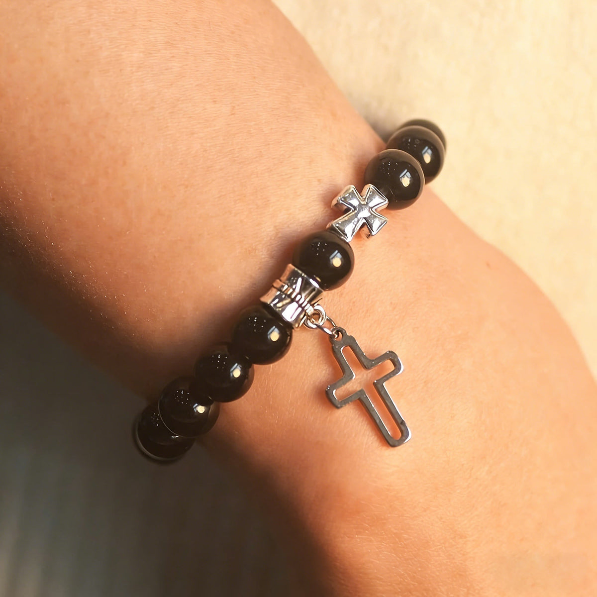 Dual-Tone Cross Charm Bead Bracelet Set