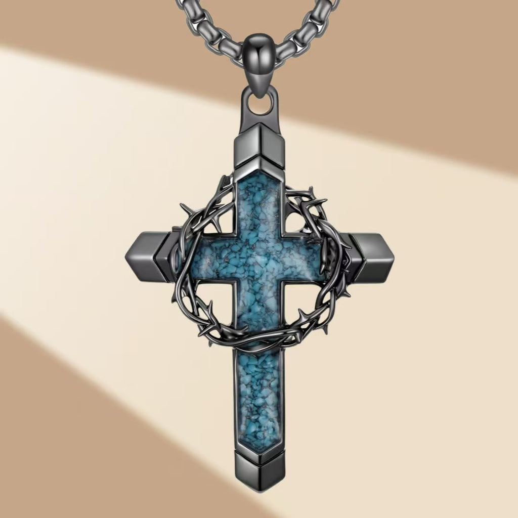 Thorn-Wrapped Inlaid Cross Pendant Necklace
