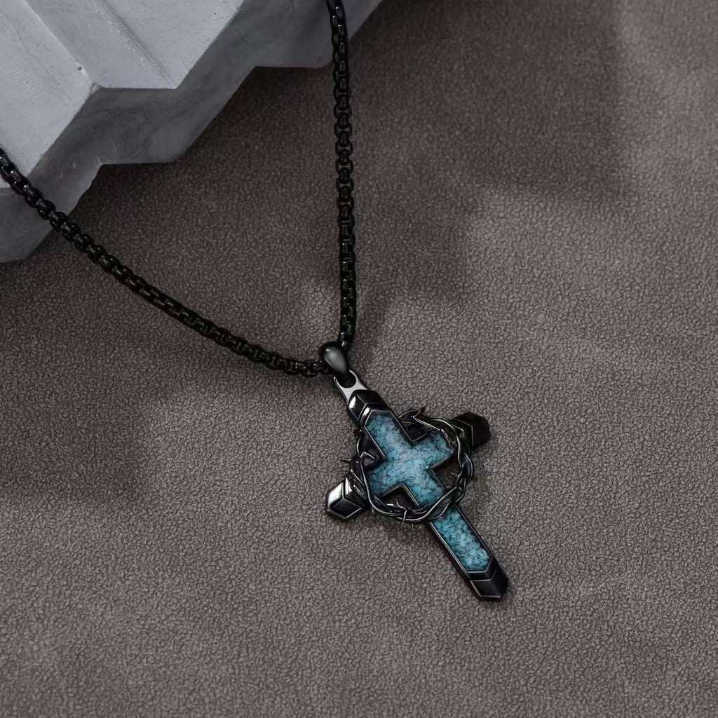 Thorn-Wrapped Inlaid Cross Pendant Necklace
