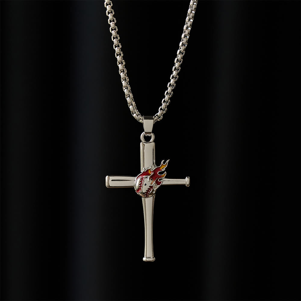 Philippians 4:13 Baseball Cross Necklace with Flame Detail