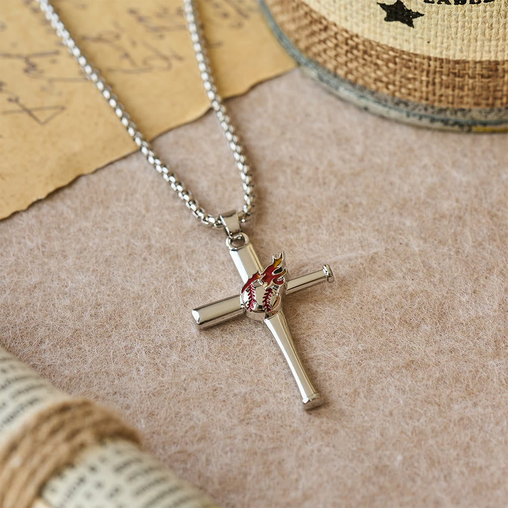 Philippians 4:13 Baseball Cross Necklace with Flame Detail