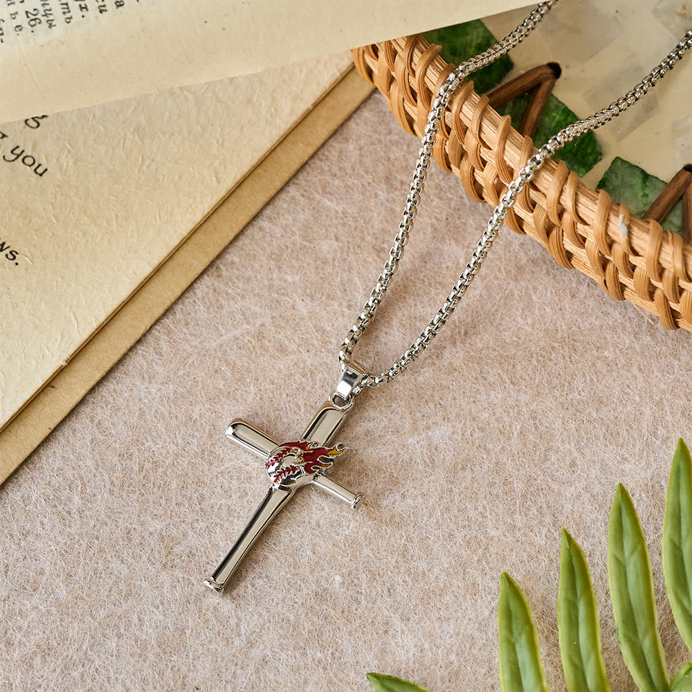 Philippians 4:13 Baseball Cross Necklace with Flame Detail