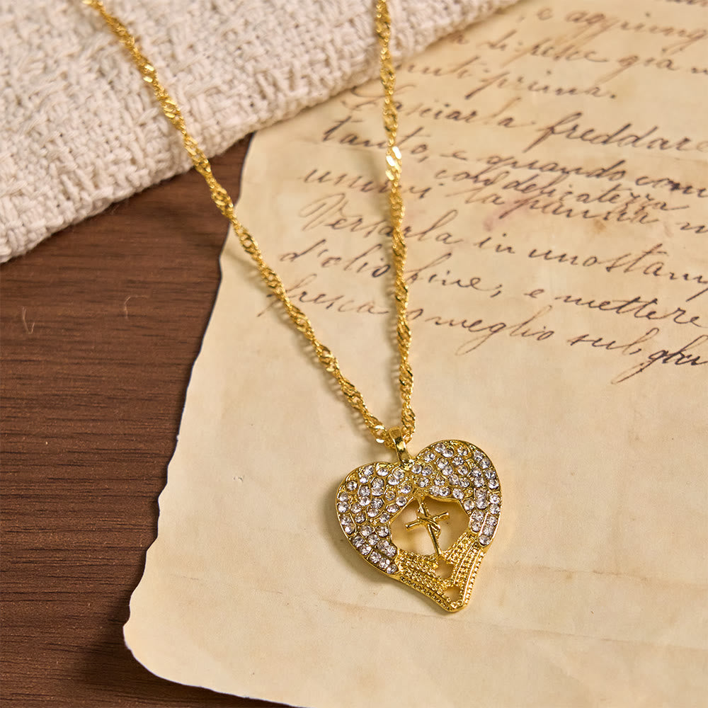 Zircon-Encrusted Heart Cross Necklace with Angel Wings