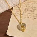 Zircon-Encrusted Heart Cross Necklace with Angel Wings