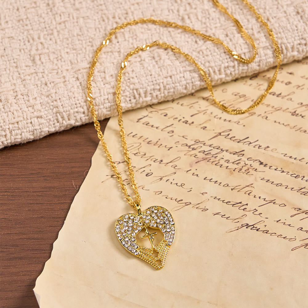 Zircon-Encrusted Heart Cross Necklace with Angel Wings