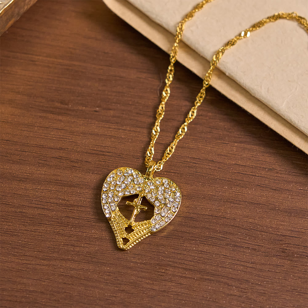 Zircon-Encrusted Heart Cross Necklace with Angel Wings