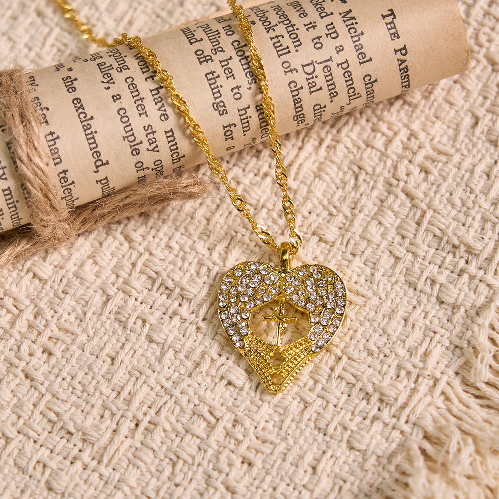 Zircon-Encrusted Heart Cross Necklace with Angel Wings