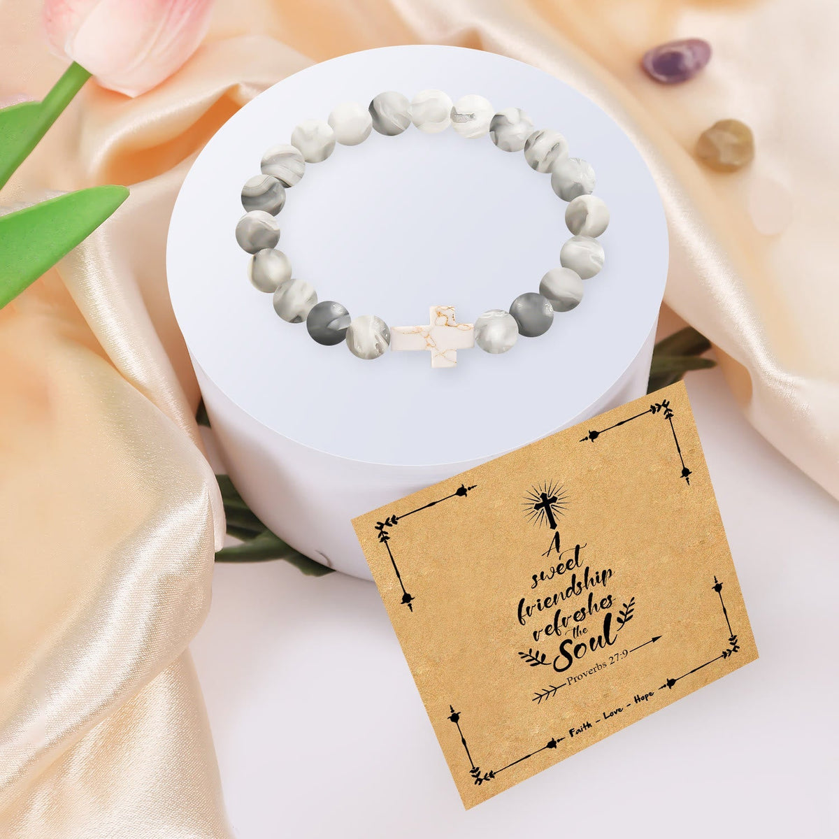 Natural Stone Cross Bracelet with Proverbs 27:9 Card