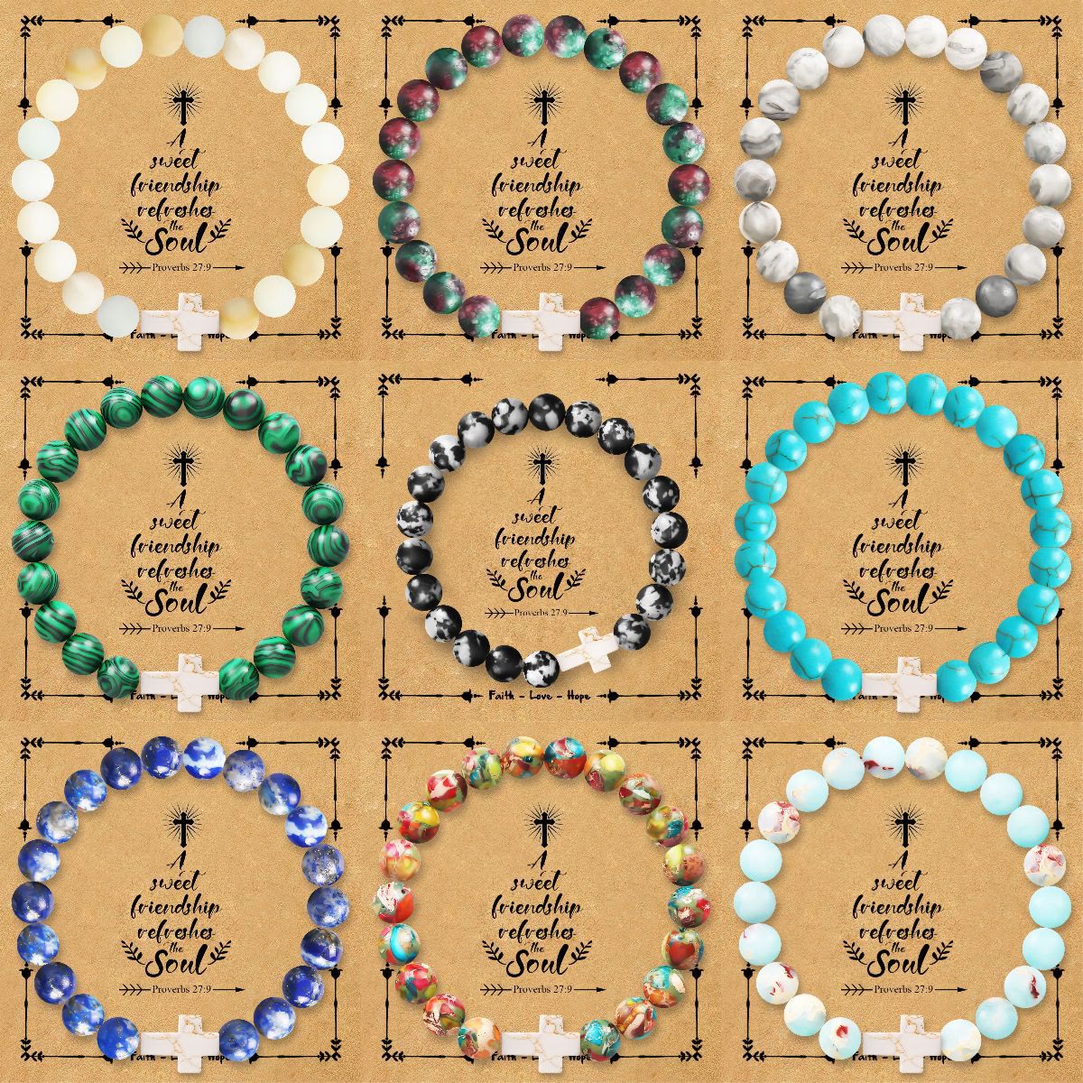 Natural Stone Cross Bracelet with Proverbs 27:9 Card