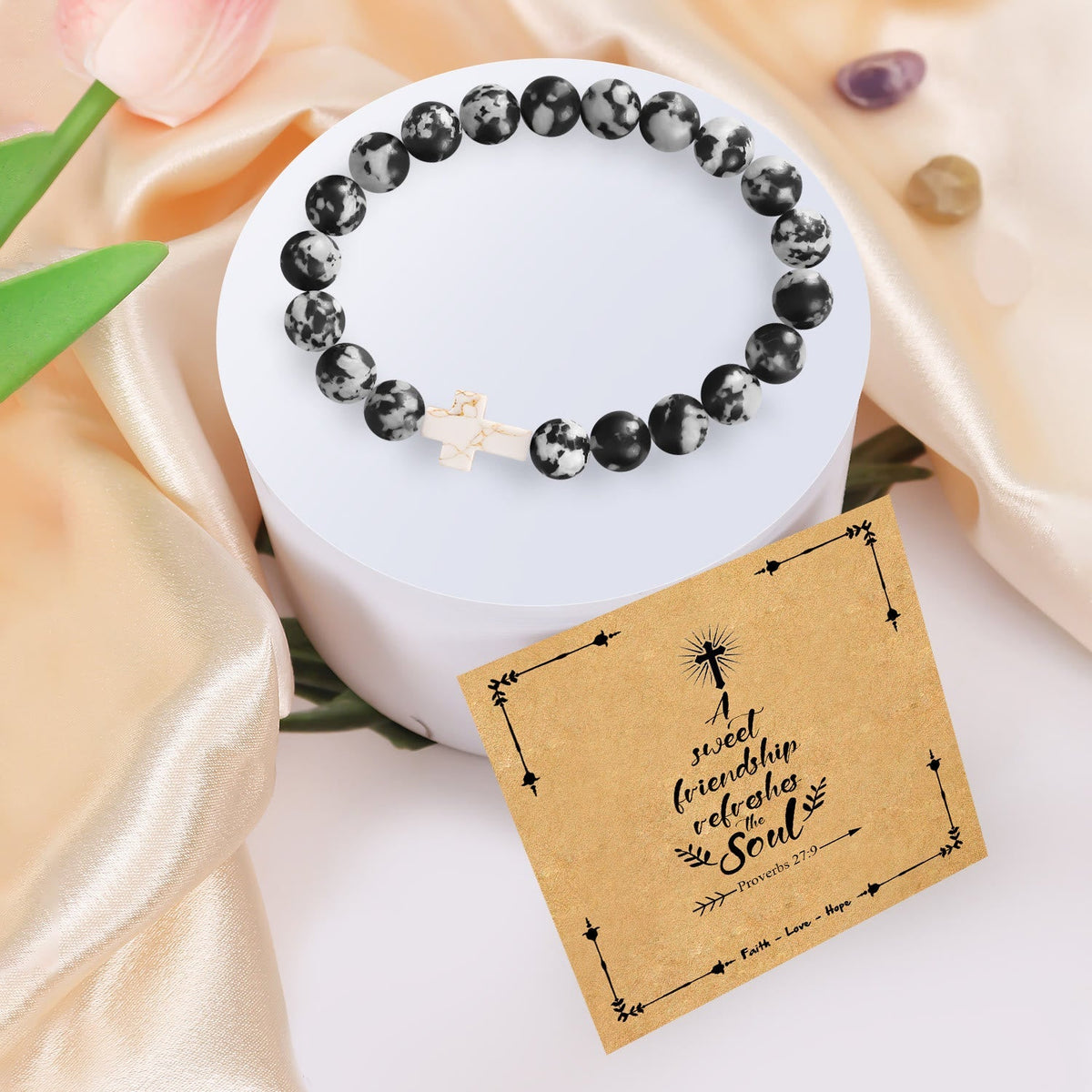 Natural Stone Cross Bracelet with Proverbs 27:9 Card
