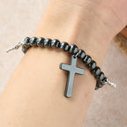 Hematite Bead Cross Bracelet with Mini Crucifix Charms