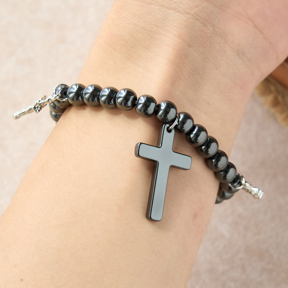 Hematite Bead Cross Bracelet with Mini Crucifix Charms