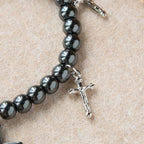 Hematite Bead Cross Bracelet with Mini Crucifix Charms